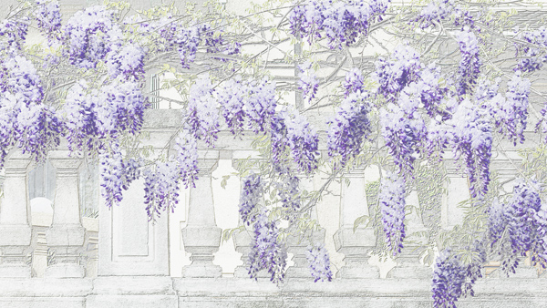 BALUSTRE 455cmx250cm;papier peint;motif floral et végétal; touches de couleurs